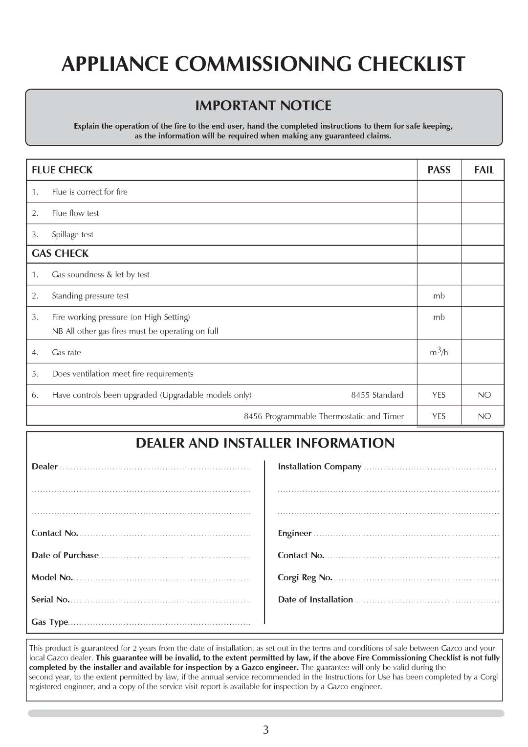 Stovax PR0741 manual Appliance Commissioning Checklist, Flue Check, Pass Fail, Gas Check 